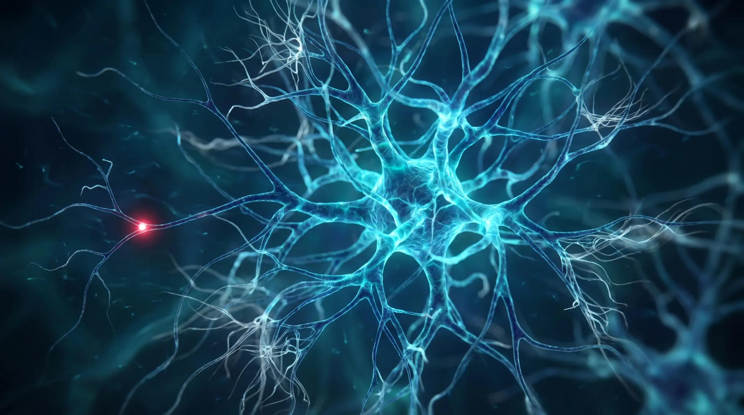 Ilustración molecular de la prevención del Alzheimer, con una red neuronal densa que resiste la formación de filamentos amiloides en su periferia.