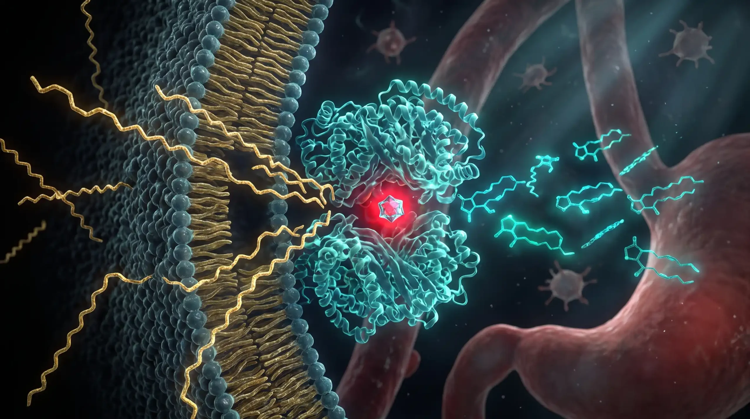 Ilustración molecular de cómo se forman las prostaglandinas: la ciclooxigenasa convierte el ácido araquidónico de la membrana y un fármaco antiinflamatorio bloquea la enzima.