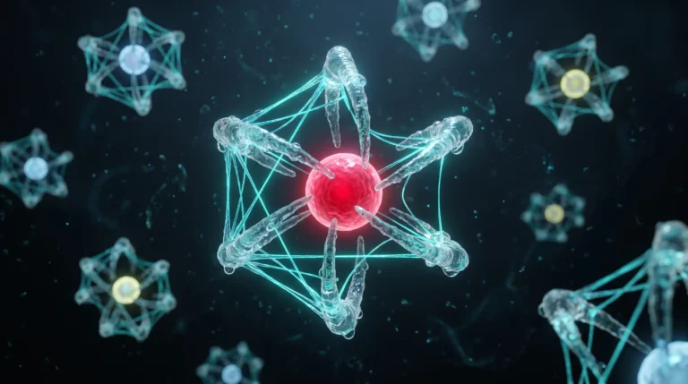 Ilustración molecular de la quelación de metales pesados, con una molécula quelante agarrando un ion por varios puntos a la vez.