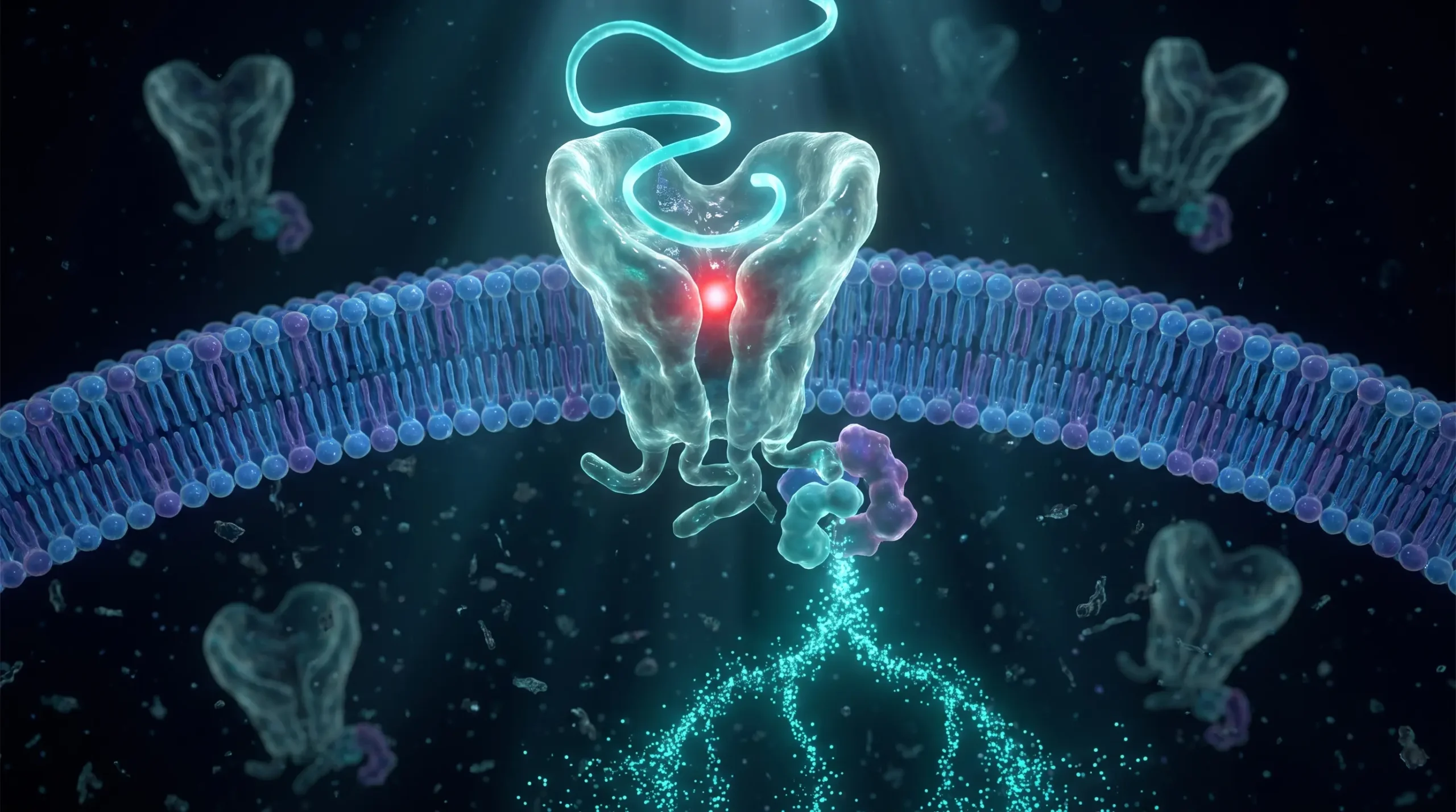 Ilustración molecular de los receptores de GLP-1, receptores acoplados a proteína G de clase B, capturando el péptido y activando su cascada intracelular.
