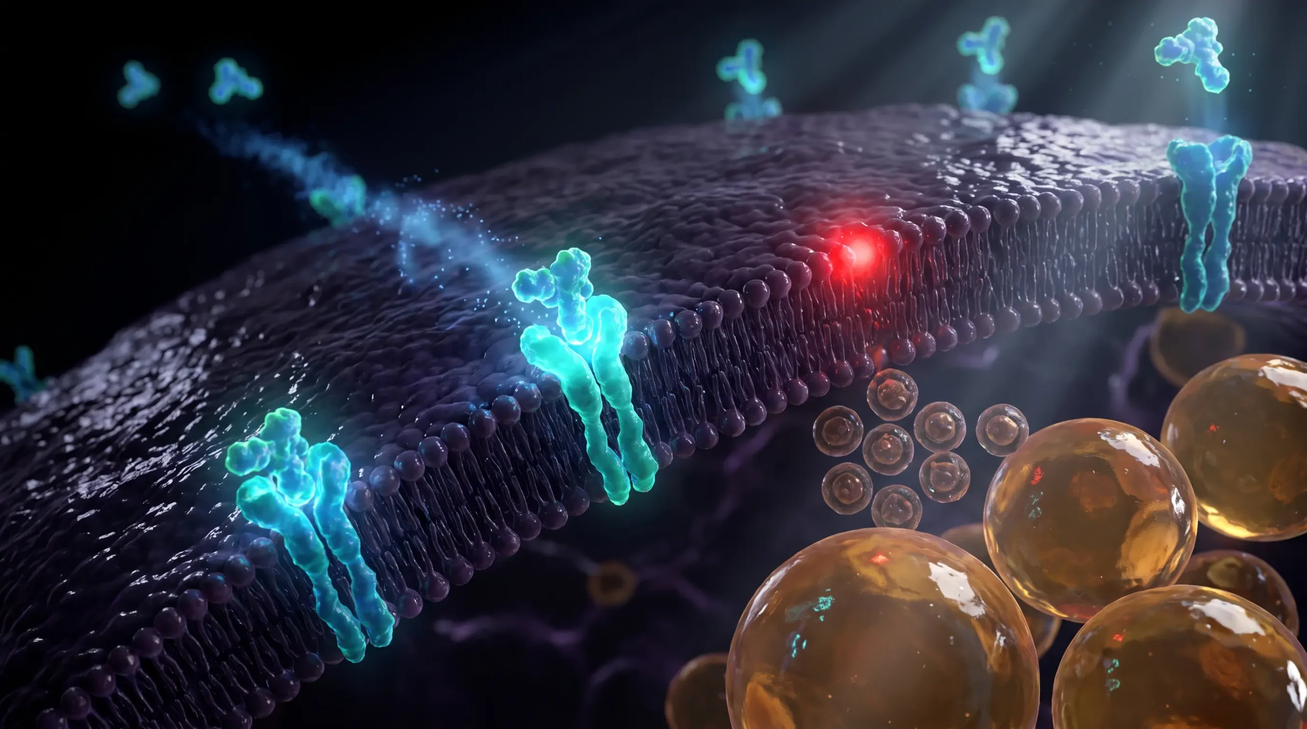 Ilustración molecular de la resistencia a la insulina, con la insulina acoplada a su receptor mientras los transportadores de glucosa quedan retenidos dentro de una célula muscular cargada de lípidos.
