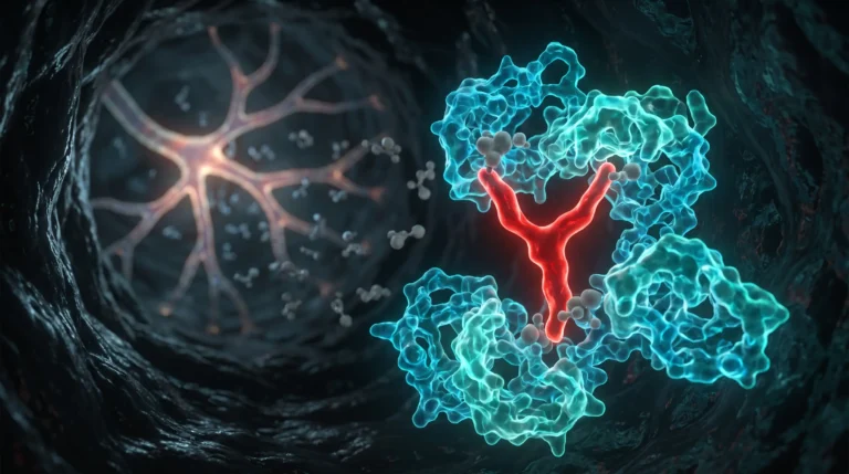 Ilustración molecular de una molécula de resveratrol capturada por enzimas de conjugación en la pared intestinal antes de alcanzar el capilar sanguíneo.