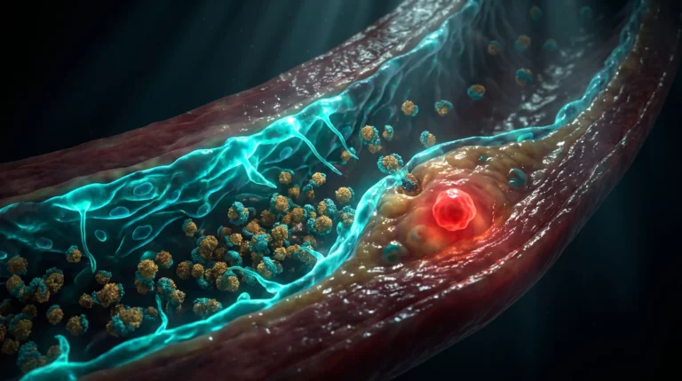 Ilustracion molecular del riesgo cardiovascular, con particulas aterogenicas infiltrando la intima arterial y formando placa temprana.