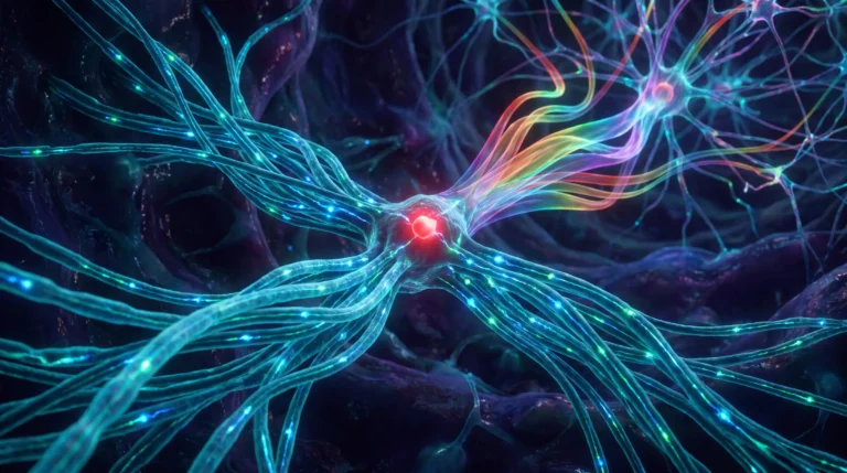 Ilustración de la sinestesia, con un haz de axones que conecta dos regiones del cerebro y convierte la señal de una en color en la otra.