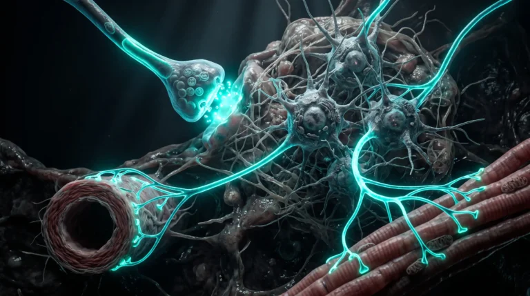 Ilustración del sistema nervioso autónomo, con una fibra preganglionar liberando acetilcolina en un ganglio y axones posganglionares que llegan a una arteria y al músculo cardiaco.