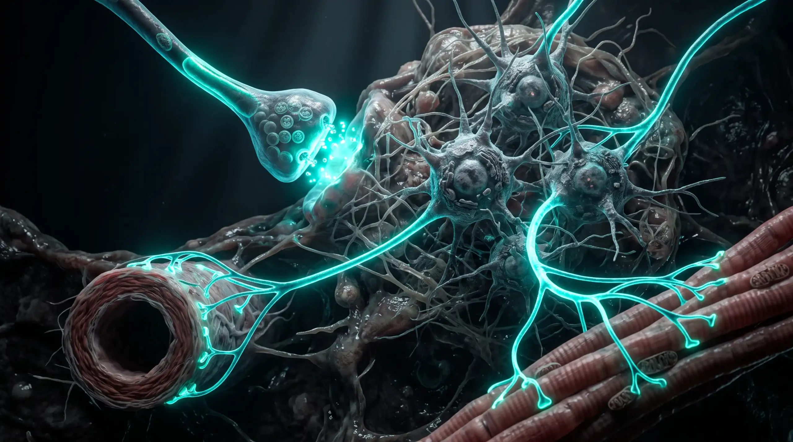 Ilustración del sistema nervioso autónomo, con una fibra preganglionar liberando acetilcolina en un ganglio y axones posganglionares que llegan a una arteria y al músculo cardiaco.