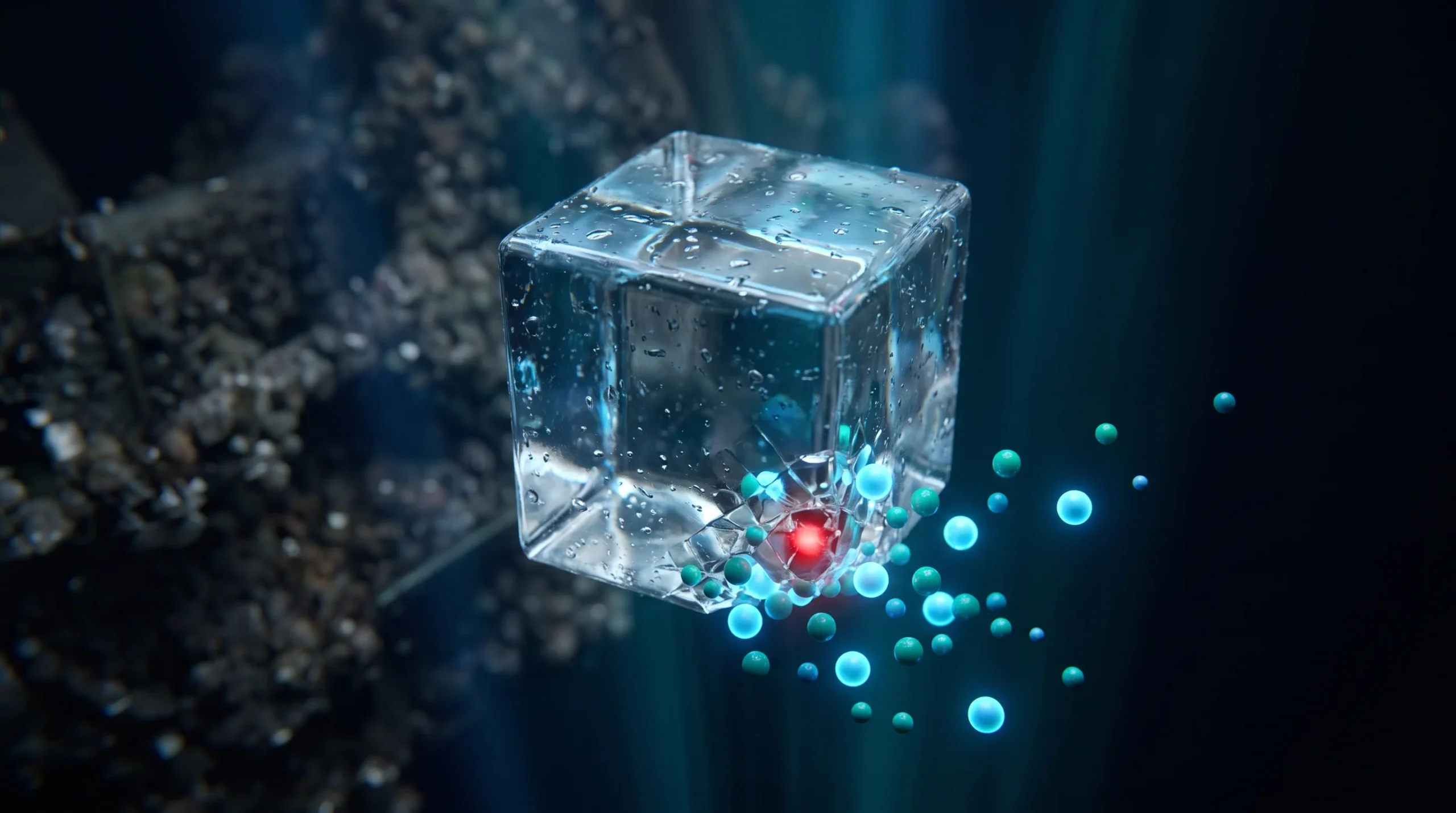 Ilustración molecular del sodio liberándose de un cristal de cloruro sódico en disolución junto a los iones de cloruro.