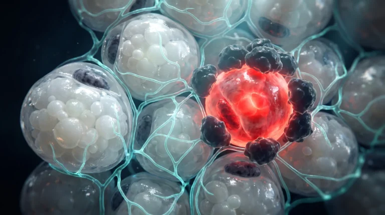 Ilustración molecular del tejido adiposo, con adipocitos hipertrofiados, red capilar y macrófagos rodeando una célula muerta en corona.