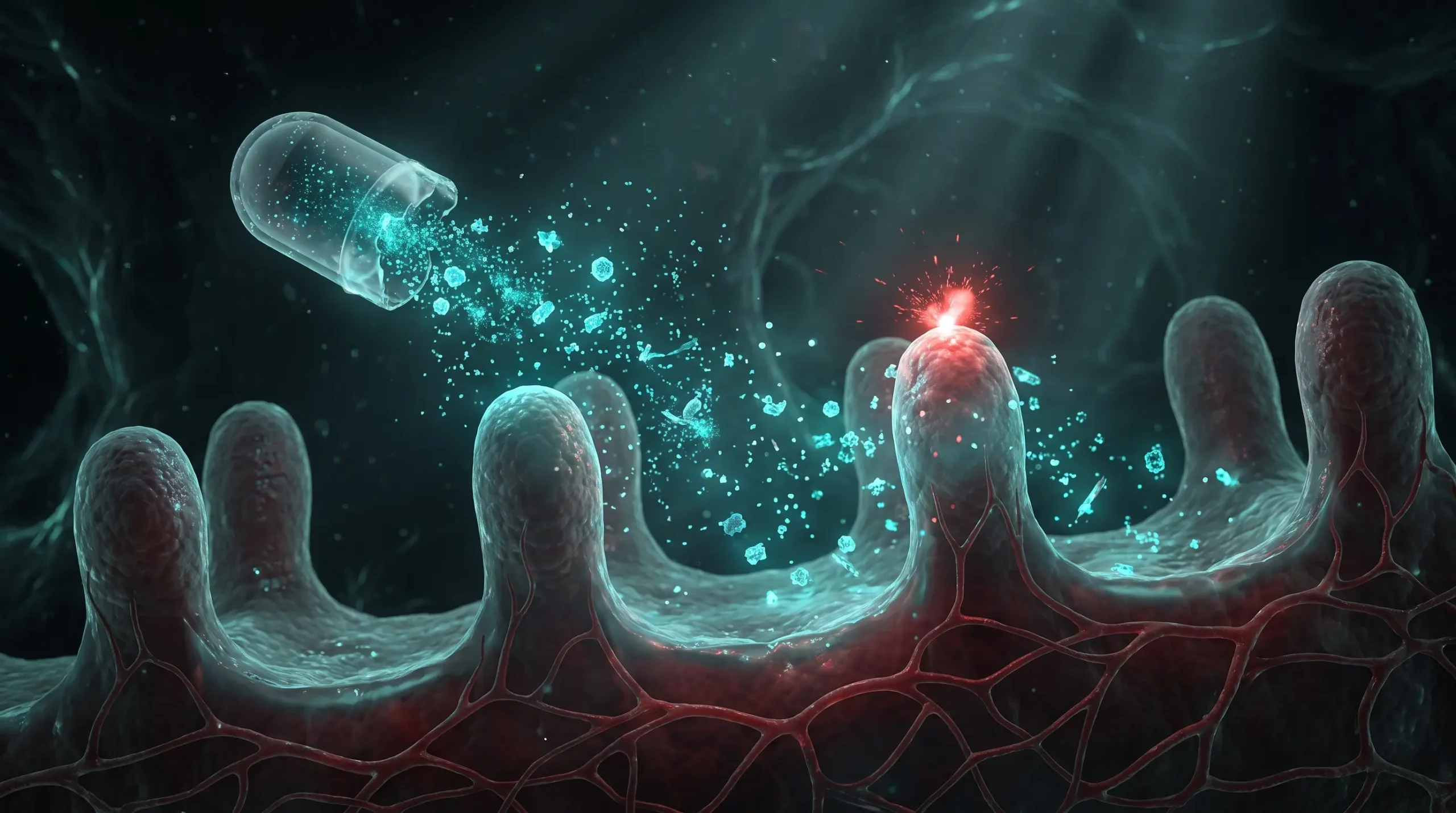 Ilustración de una cápsula de suplemento de Thorne disolviéndose en el intestino y liberando minerales que atraviesan la pared intestinal.