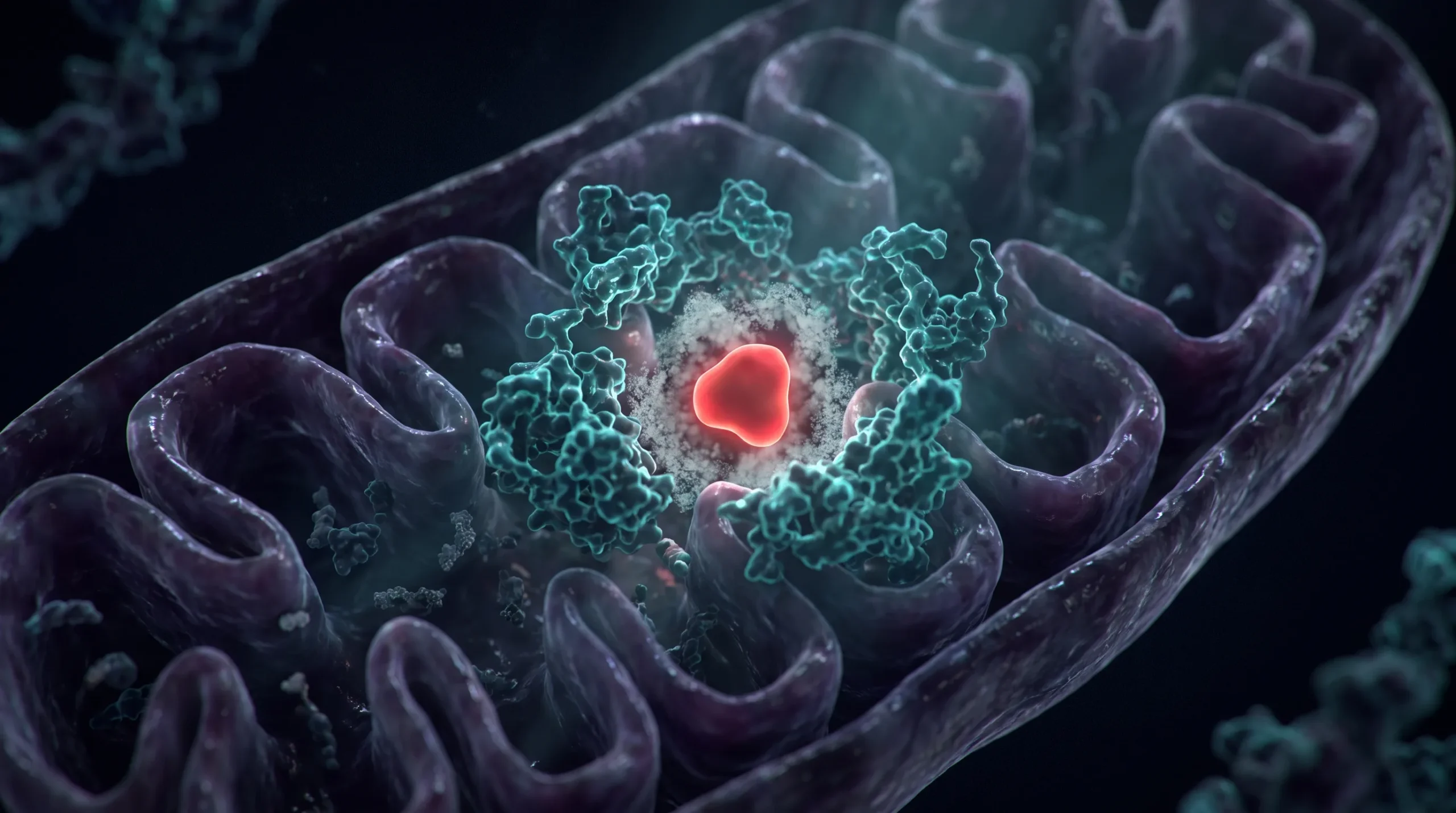 Ilustración molecular sobre tiamina y GLP-1, con el sitio del cofactor vacío en una mitocondria neuronal y el metabolismo oxidativo detenido.