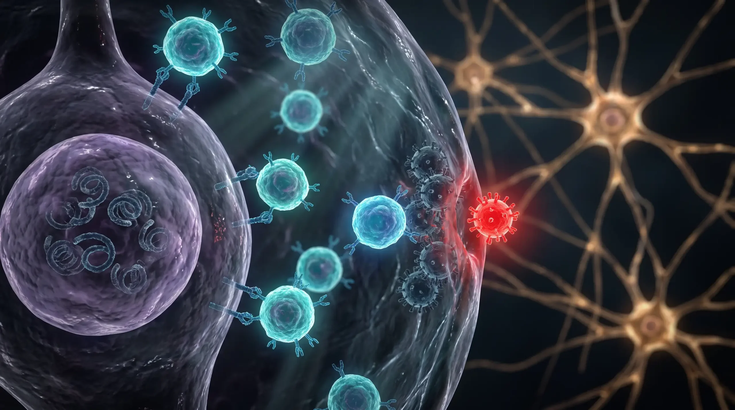 Ilustración de un ganglio sensitivo con el virus latente de la varicela y células inmunitarias en guardia, sobre la relación entre vacuna del herpes zóster y demencia.