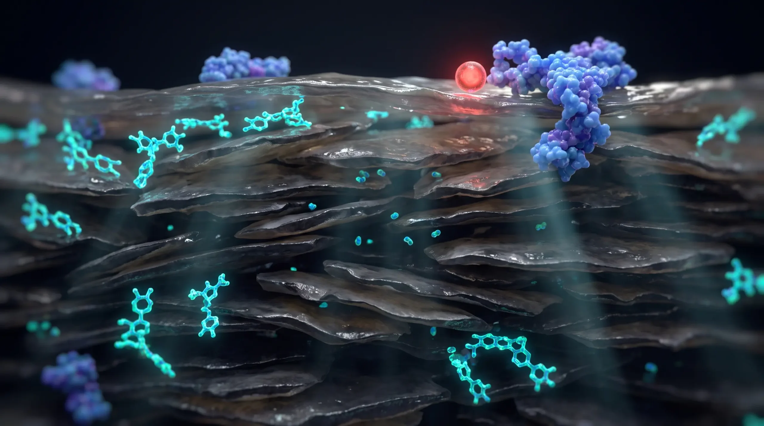 Ilustración molecular de la vinoterapia, con polifenoles de uva presionando la barrera del estrato córneo y los oligómeros grandes quedando retenidos en la superficie.
