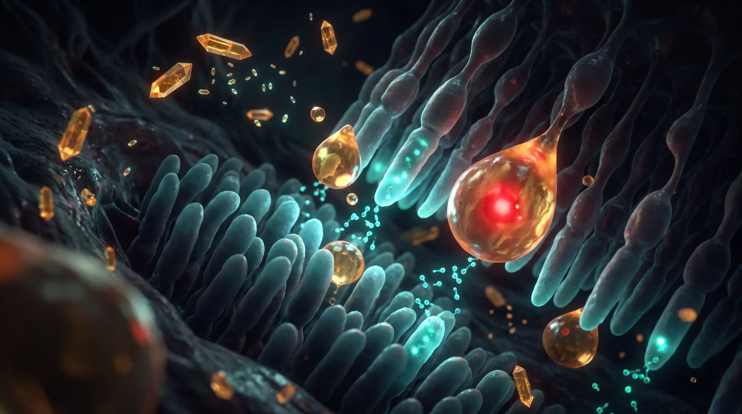 Ilustración molecular de la vitamina A, con retinol entrando en los fotorreceptores de la retina y cristales de betacaroteno transformándose en retinol.