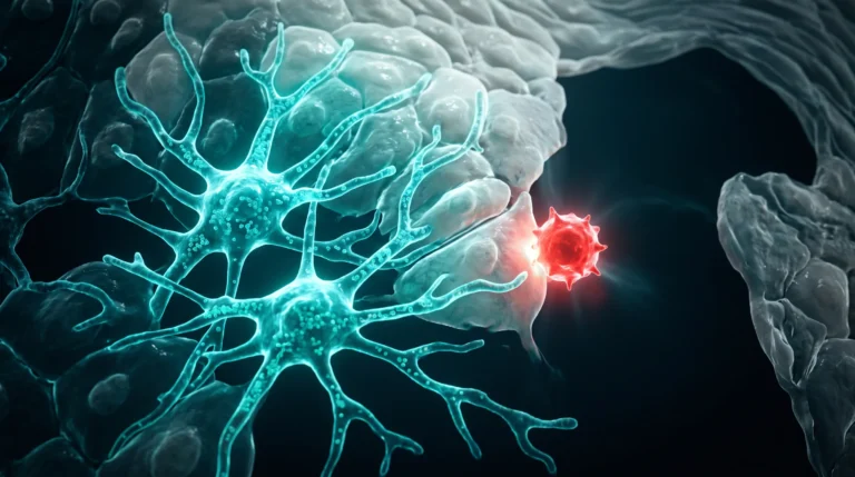 Ilustración molecular del tratamiento del vitíligo, con melanocitos del folículo piloso repigmentando el borde de una placa despigmentada.