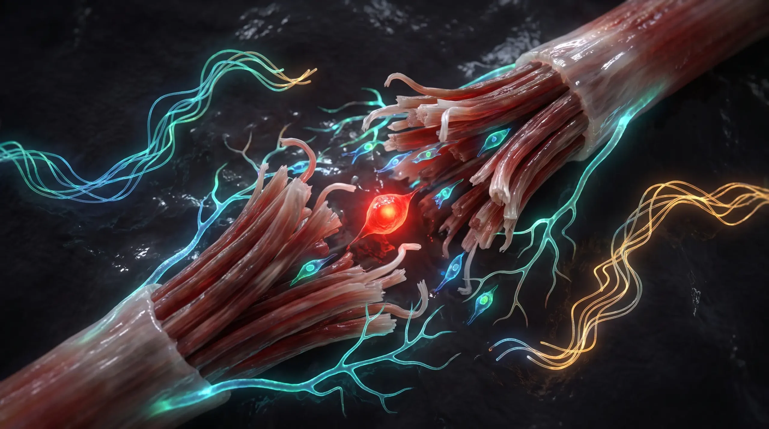 Ilustración molecular de un tendón roto con dos cadenas peptídicas separadas, que representa el stack Wolverine péptidos de BPC-157 y TB-500.