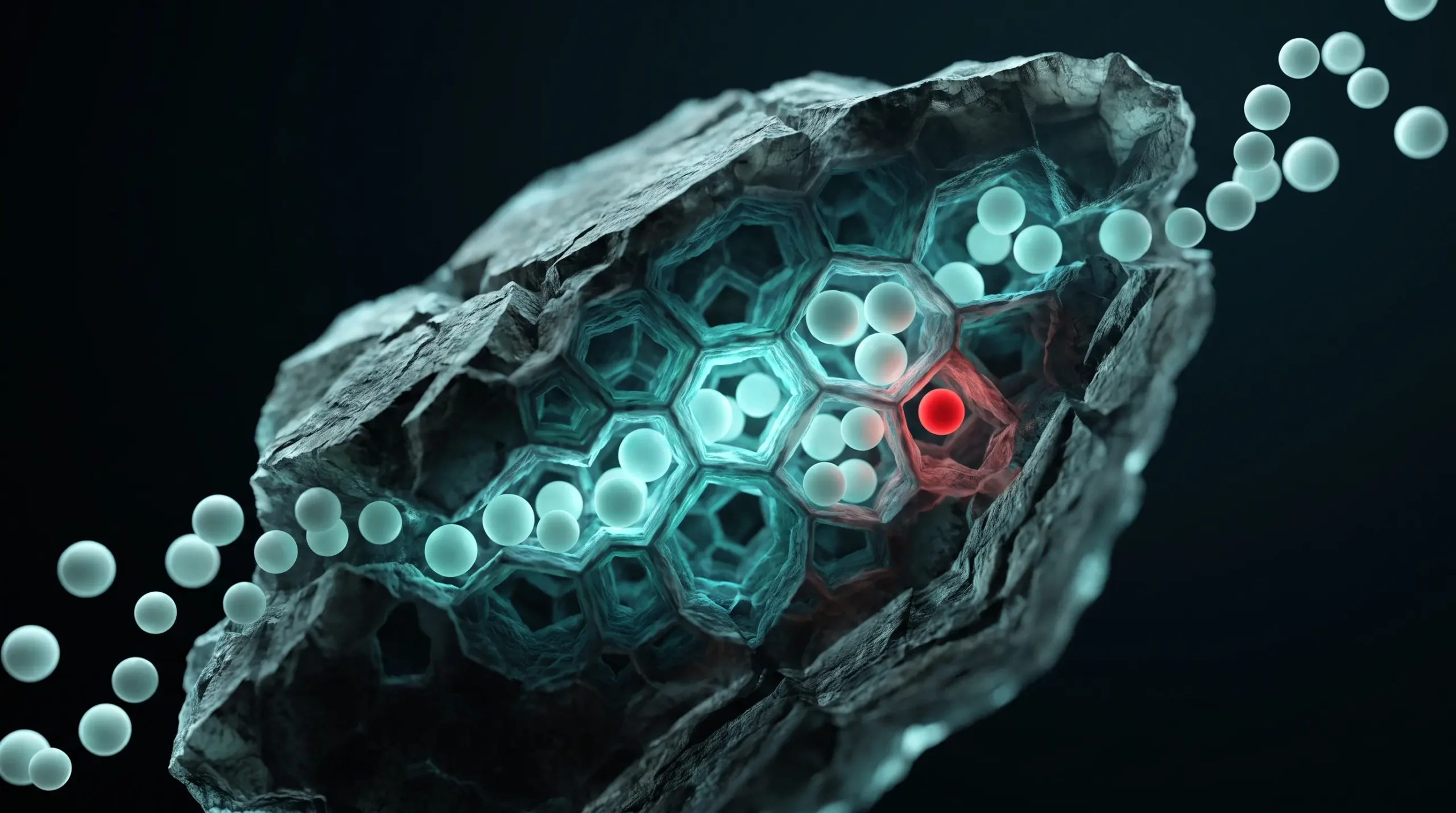 Ilustración microscópica del interior poroso de un cristal de zeolita con iones metálicos atrapados en sus cavidades y otros pasando de largo.
