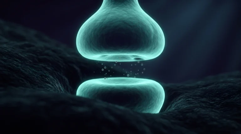 Ilustración de una sinapsis entre dos neuronas, con pequeñas gotas de lípidos que viajan hacia atrás, de la neurona que recibe a la que envía, como la anandamida y los demás endocannabinoides.