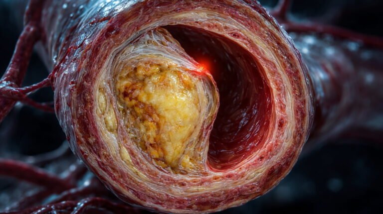 Ilustración del corte de una arteria coronaria con una placa de ateroma que estrecha su luz, para la pieza sobre la aterosclerosis.