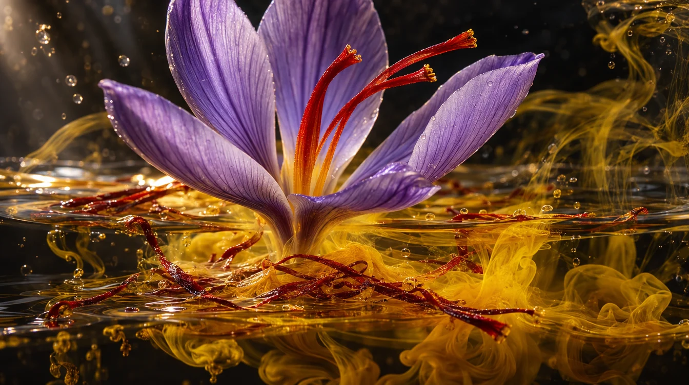 Ilustración del azafrán: una flor de Crocus sativus con sus tres estigmas rojos y unas hebras secas que tiñen el agua de amarillo dorado.