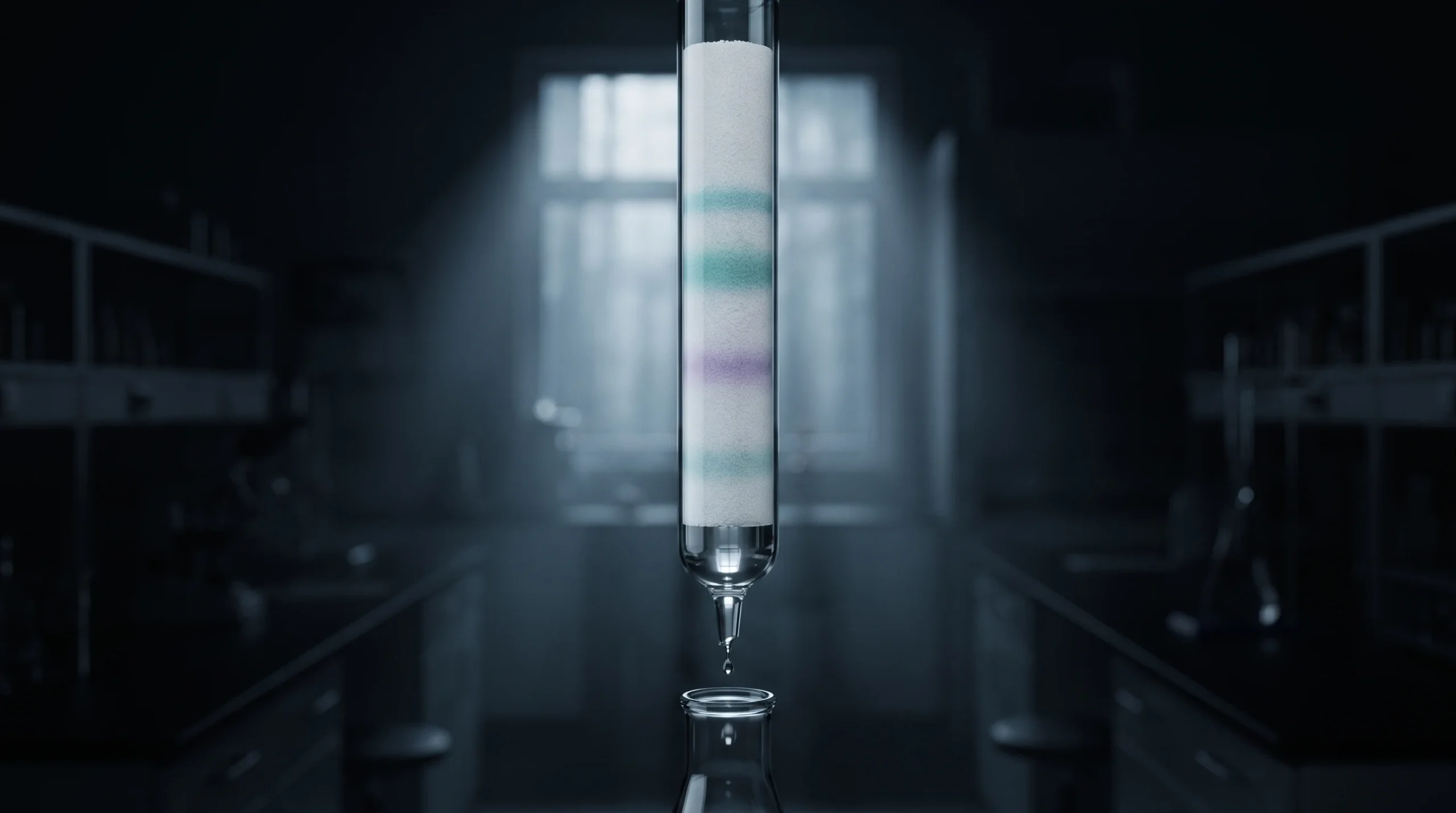 Ilustración de una columna de cromatografía de vidrio en la que los componentes de una mezcla se separan en bandas de colores a distintas alturas.