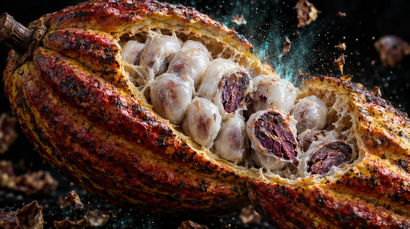 Ilustración de los flavanoles: una mazorca de cacao abierta con sus granos, algunos partidos y de interior morado.