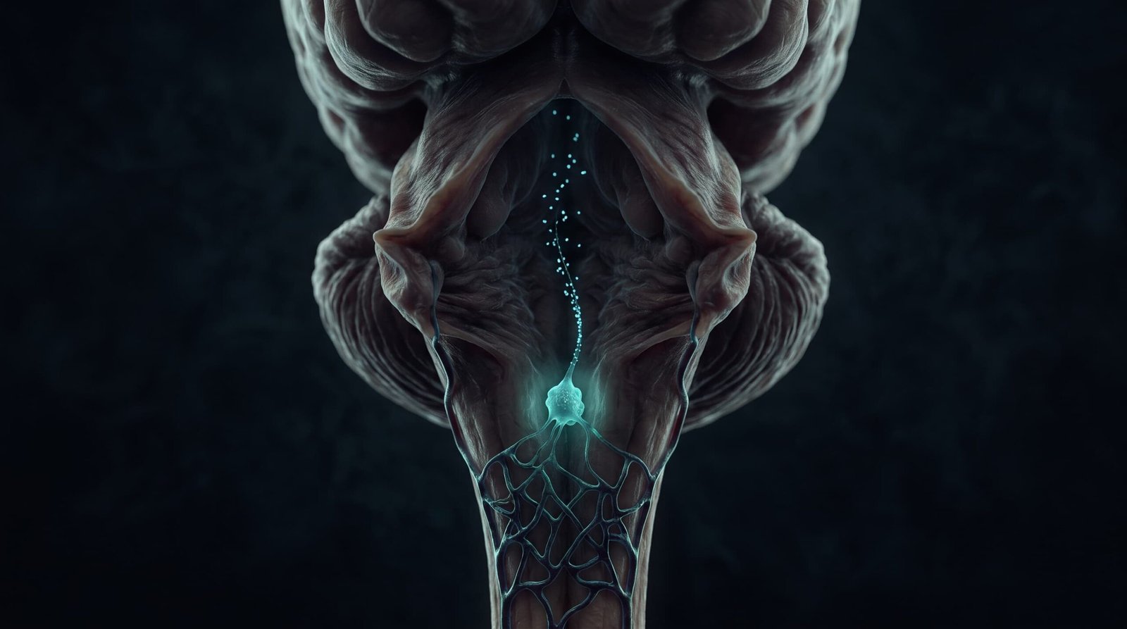 Ilustración del área postrema del tronco del encéfalo, donde las neuronas con el receptor GFRAL leen el GDF15, la hormona del estrés que provoca náusea.