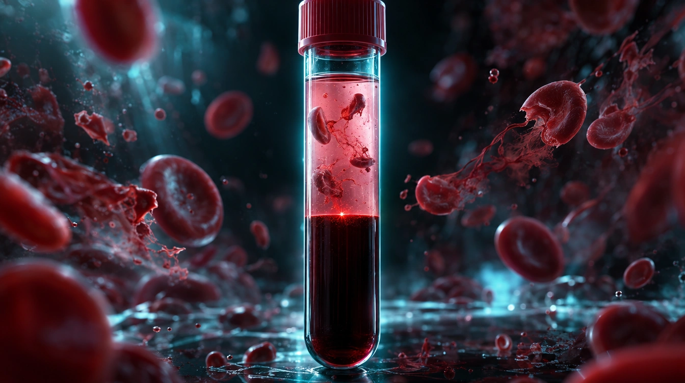 Ilustración de un tubo de sangre centrifugado con el suero teñido de rosa por glóbulos rojos rotos, el aspecto de una muestra hemolizada.