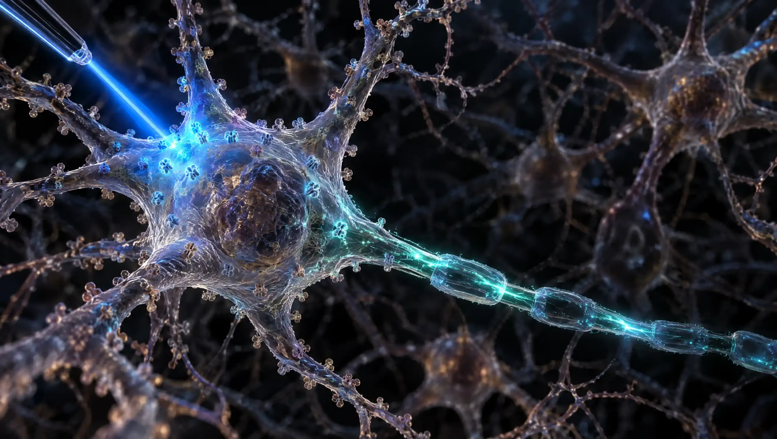 Ilustración de una neurona activada con un haz de luz azul que llega por una fibra óptica, la idea de la optogenética.